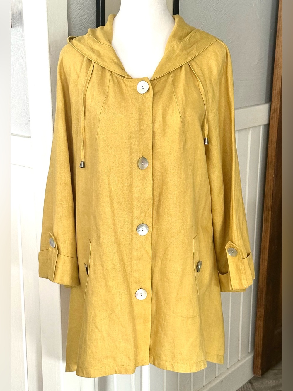 Sigrid Olsen 100% Linen Hooded Jacket Med Mustard Yellow Lagenlook Coastal - Picture 2 of 8